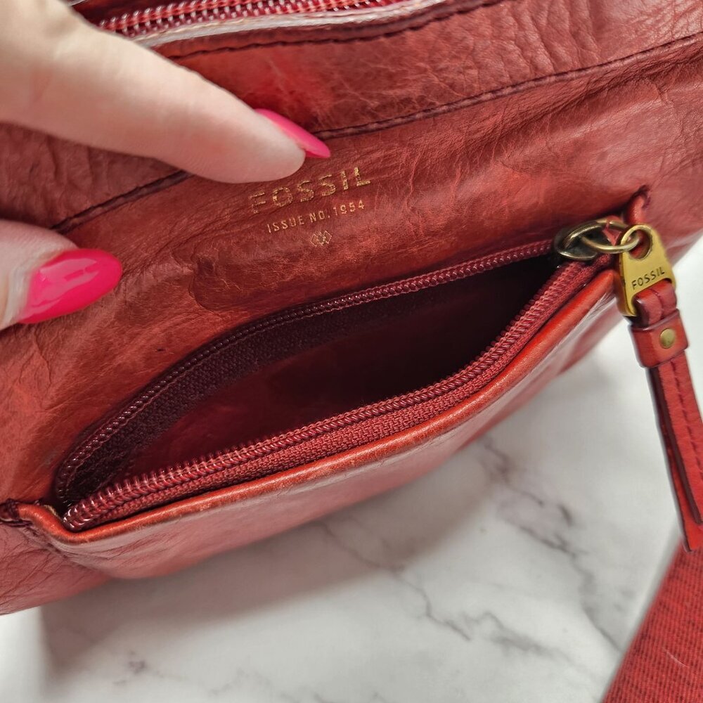 Fossil Crossbody Red Leather Bag Purse Bohemian Festival Classic Handbag - Picture 8 of 11
